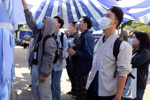 Sinh viên tìm hiểu chương trình tuyển dụng của các doanh nghiệp tại ngày hội. Ảnh: Lê Nam