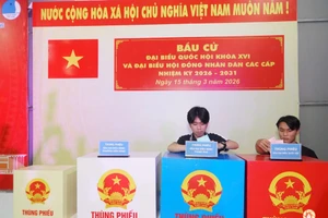 Sinh viên trải nghiệm mô phỏng quy trình bỏ phiếu tại điểm bỏ phiếu số 28 - Ký túc xá Bách khoa, phường Diên Hồng, TPHCM. Ảnh: Trường ĐHBK.