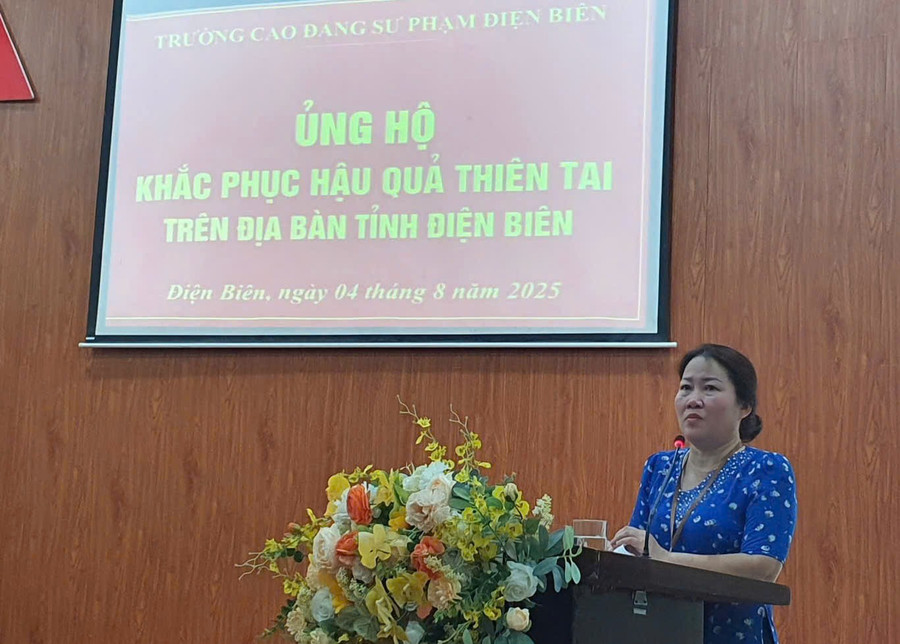 Bà Nguyễn Thị Tuyết Mai - Hiệu trưởng Trường CĐSP Điện Biên phát động ủng hộ. ung-ho.jpg