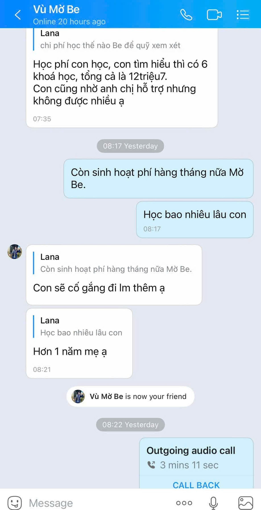 Tin nhắn Vù Mờ Be nhắn với "mẹ đỡ đầu" khi đang ở Hà Nội. vu-mo-be-1.jpg