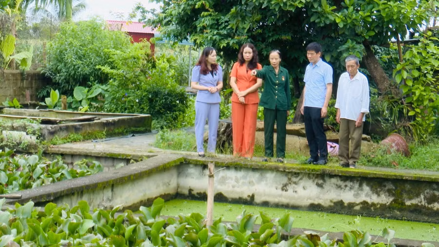 Ông Nguyễn Thái Bình, Bí thư Đảng ủy xã Thanh Nưa (thứ 2 bên trái) cùng đoàn công tác xã thăm quan mô hình kinh tế tại địa phương.