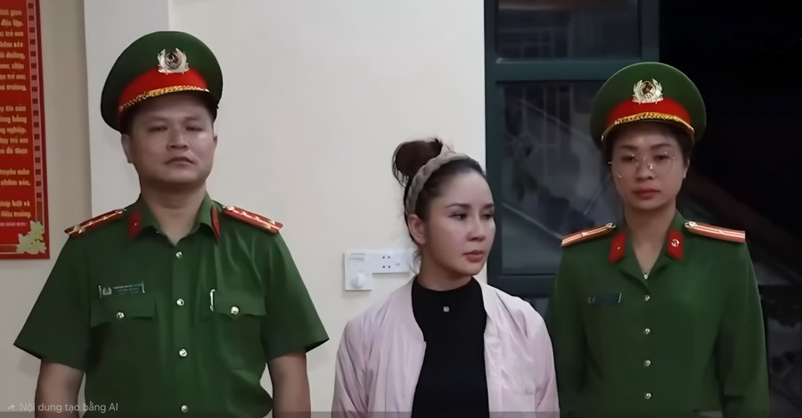 Bị can Doãn Thị Lệ Xuân (đứng giữa) tại cơ quan Công an.