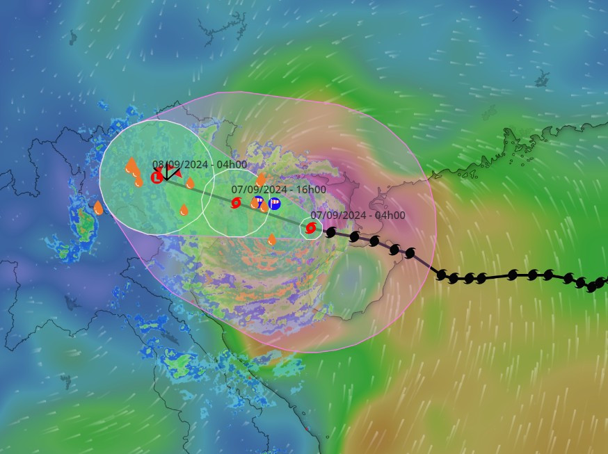 Dự báo hướng đi, vùng ảnh hưởng của bão Yagi lúc 8h30 ngày 7/9. (Ảnh: Trung tâm Khí tượng Thủy văn quốc gia)