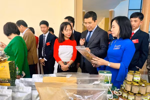 Ông Nguyễn Hồng Phong - Phó Bí thư Thường trực Tỉnh ủy, Chủ tịch HĐND tỉnh Thanh Hóa thăm gian hàng trưng bày của chị Hà Thị Xem (áo đỏ).