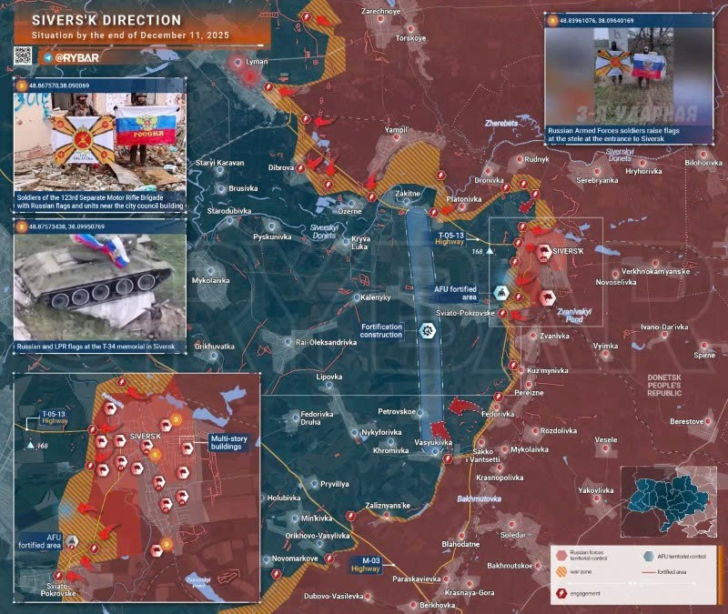 Bản đồ chiến sự Ukraine ngày 12/12/2025, hướng Siversk. (Ảnh: Rybar) ban-do-chien-su-2.jpg