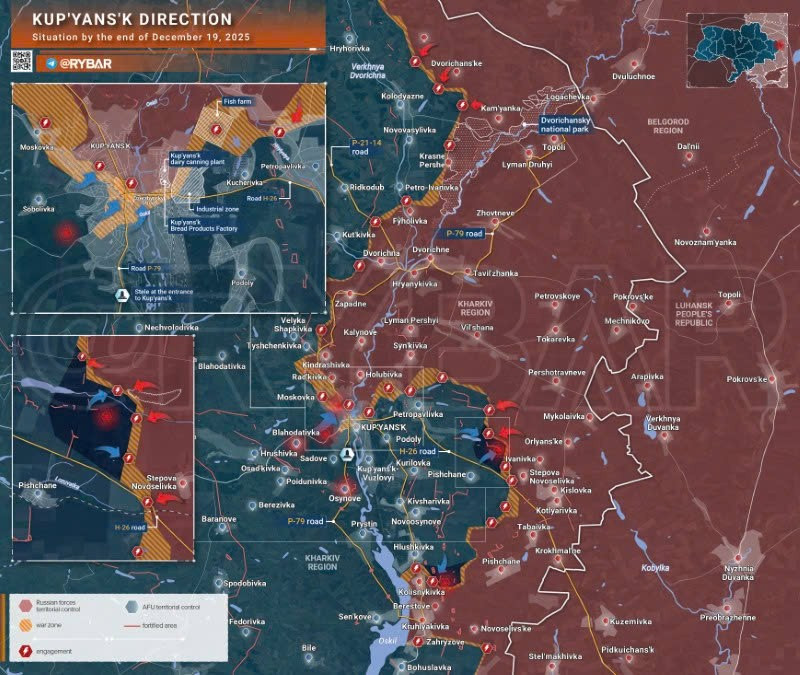 Bản đồ chiến sự Ukraine ngày 19/12/2025, hướng Kupyansk. (Ảnh: Rybar) ban-do-chien-su-2.jpg