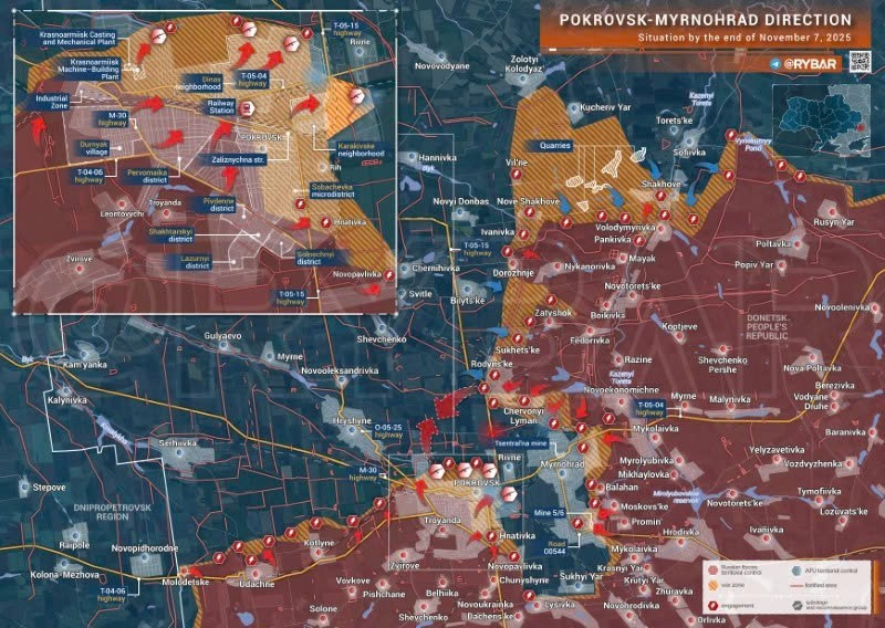 Bản đồ chiến sự Ukraine ngày 7/11/2025, hướng Pokrovsk-Myrnohrad. (Ảnh: Rybar) ban-do-chien-su-2.jpg