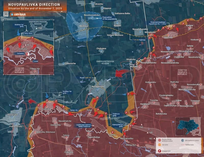 Bản đồ chiến sự Ukraine ngày 7/11/2025, hướng Novopavlivka. (Ảnh: Rybar) ban-do-chien-su-3.jpg