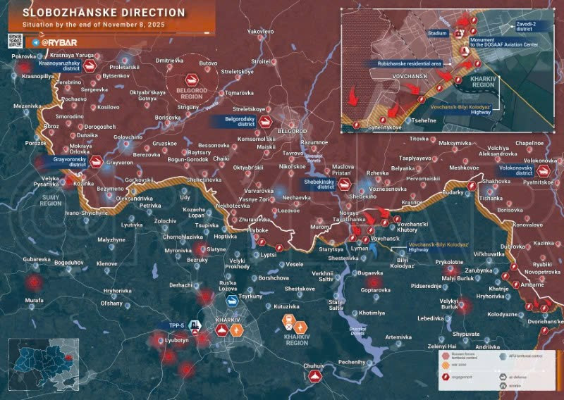 Bản đồ chiến sự Ukraine ngày 8/11/2025, hướng Slobozhanske. (Ảnh: Rybar) ban-do-chien-su.jpg