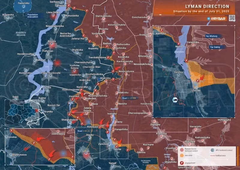 Bản đồ chiến sự Ukraine ngày 31/7/2025, hướng Lyman. (Ảnh: Rybar) ban-do-chien-su-2.jpg