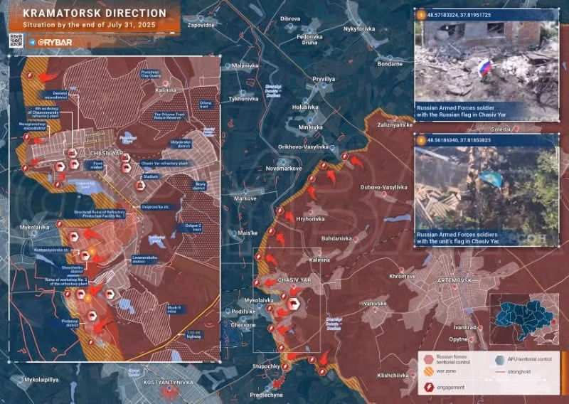 Bản đồ chiến sự Ukraine ngày 31/7/2025, hướng Kramatorsk. (Ảnh: Rybar) ban-do-chien-su-3.jpg