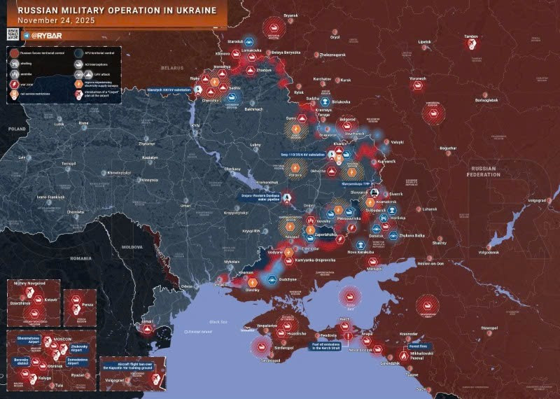 Bản đồ chiến sự Ukraine ngày 24/11/2025. (Ảnh: Rybar) ban-do-chien-su-1.jpg