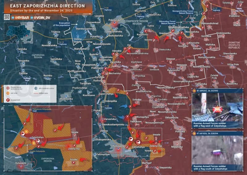 Bản đồ chiến sự Ukraine ngày 24/11/2025, hướng Zaporozhye. (Ảnh: Rybar) ban-do-chien-su-2.jpg