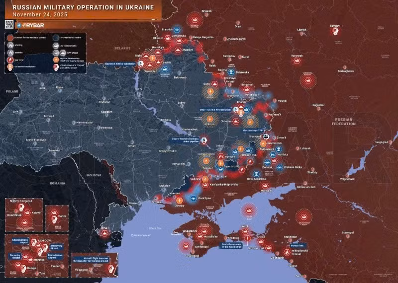 Bản đồ chiến sự Ukraine ngày 24/11/2025. (Ảnh: Rybar) ban-do-chien-su-1.jpg