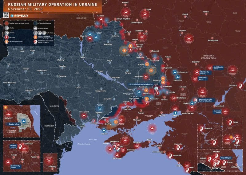 Bản đồ chiến sự Ukraine ngày 28/11/2025. (Ảnh: Rybar) ban-do-chien-su.jpg