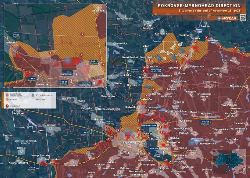Bản đồ chiến sự Ukraine ngày 28/11/2025, hướng Pokrovsk-Myrnohrad. (Ảnh: Rybar) ban-do-chien-su2.jpg