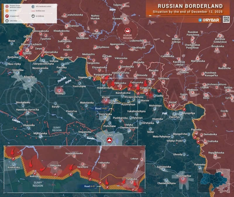 Bản đồ chiến sự Ukraine ngày 12/12/2025, khu vực biên giới. (Ảnh: Rybar) ban-do-chien-su2.jpg