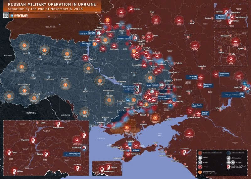 Bản đồ chiến sự Ukraine ngày 6/11/2025. (Ảnh: Rybar) ban-do-chien-su-1.jpg