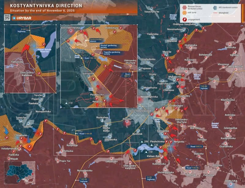 Bản đồ chiến sự Ukraine ngày 6/11/2025, hướng Kostyantynivka. (Ảnh: Rybar) ban-do-chien-su-2.jpg