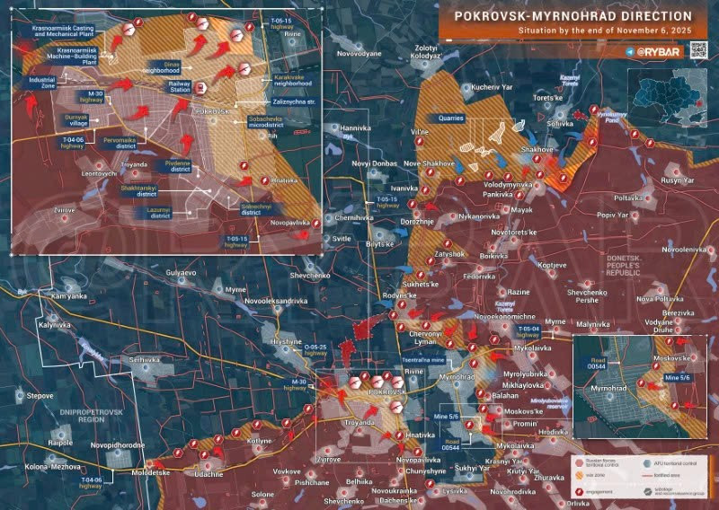 Bản đồ chiến sự Ukraine ngày 6/11/2025, hướng Pokrovsk-Myrnohrad. (Ảnh: Rybar) ban-do-chien-su-3.jpg