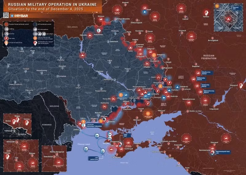 Bản đồ chiến sự Ukraine ngày 04/12/2025. (Ảnh: Rybar) ban-do-chien-su-1.jpg