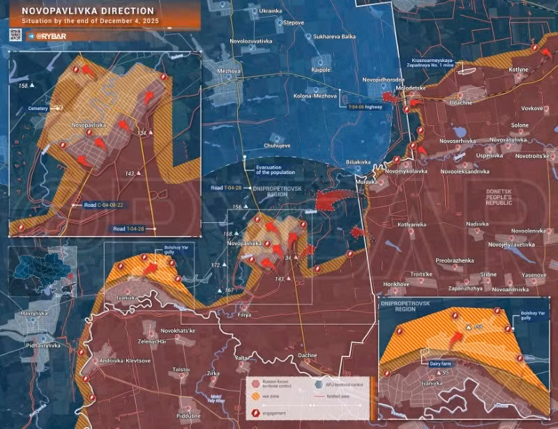 Bản đồ chiến sự Ukraine ngày 04/12/2025, hướng Novopavlivka. (Ảnh: Rybar) ban-do-chien-su-2.jpg