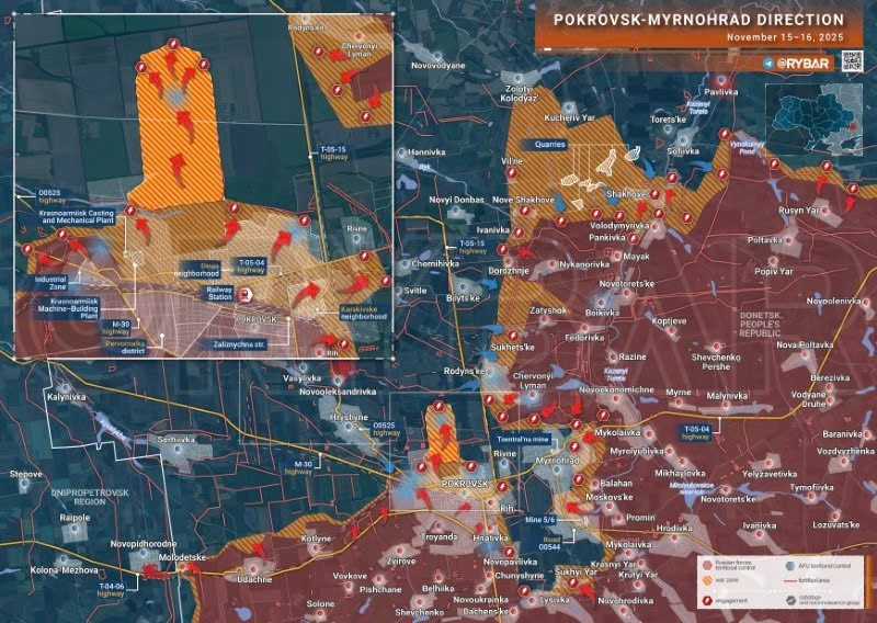 Bản đồ chiến sự Ukraine ngày 16/11/2025, hướng Pokrovsk-Myrnohrad. (Ảnh: Rybar) ban-do-chien-su-1.jpg