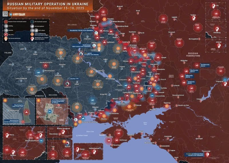 Bản đồ chiến sự Ukraine ngày 16/11/2025. (Ảnh: Rybar) ban-do-chien-su-2.jpg