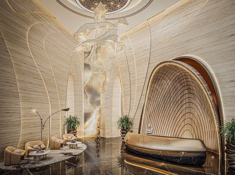 Sảnh lễ tân — Ciel Dubai Marina chào đón khách với nội thất thanh lịch, đường nét hiện đại và thiết kế ngập tràn ánh sáng, phản ánh sự kết hợp giữa tinh tế và đẳng cấp. khach-san-cao-nhat-the-gioi-he-lo-khong-gian-xa-hoa-giua-long-dubai-5.jpg
