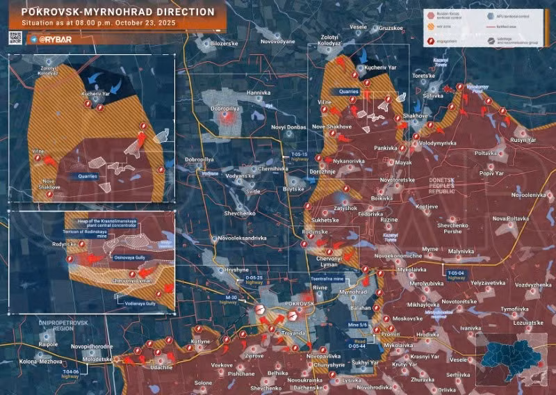 Bản đồ chiến sự Ukraine ngày 23/10/2025, hướng Pokrovsk-Myrnohrad. (Ảnh: Rybar) ban-do-chien-su-2.jpg