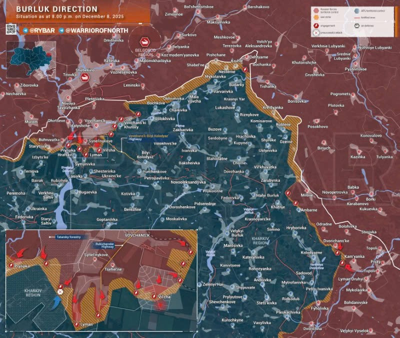 Bản đồ chiến sự Ukraine ngày 01/12/2025, hướng Burluk. (Ảnh: Rybar) ban-do-chien-su.jpg