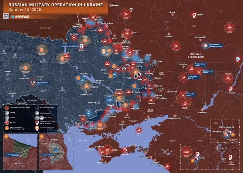 Bản đồ chiến sự Ukraine ngày 16/10/2025. (Ảnh: Rybar) ban-do-chien-su.jpg