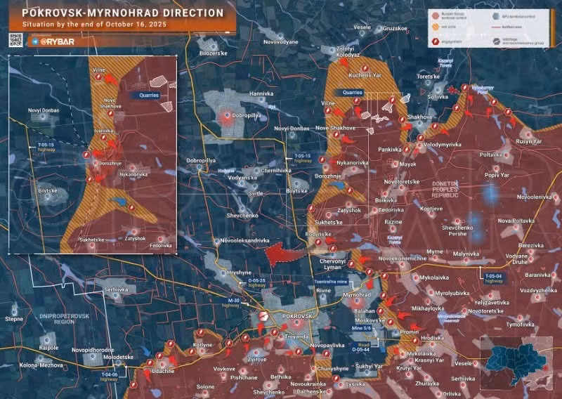 Bản đồ chiến sự Ukraine ngày 16/10/2025, hướng Pokrovsk-Myrnohrad. (Ảnh: Rybar) ban-do-chien-su-2.jpg