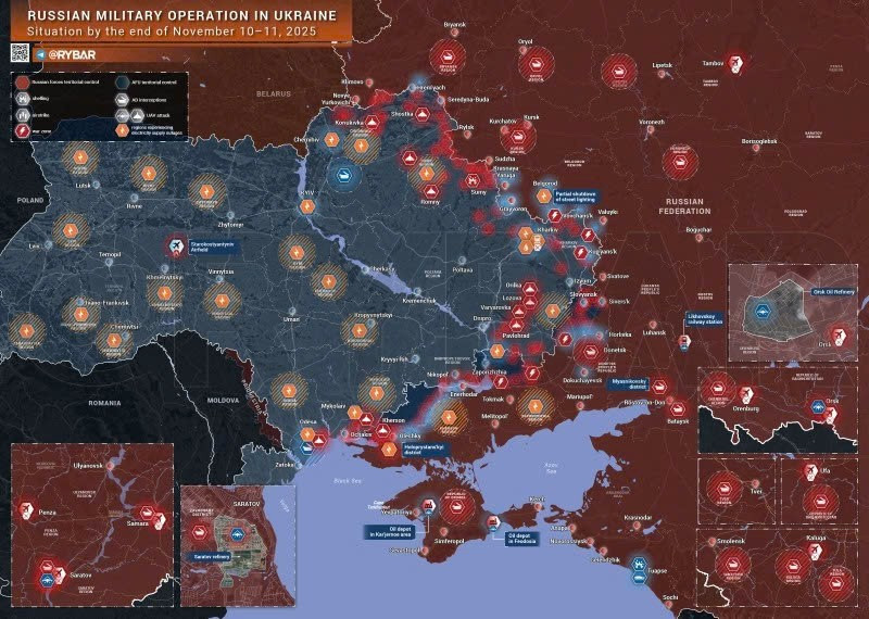 Bản đồ chiến sự Ukraine ngày 11/11/2025. (Ảnh: Rybar) ban-do-chien-su-1.jpg