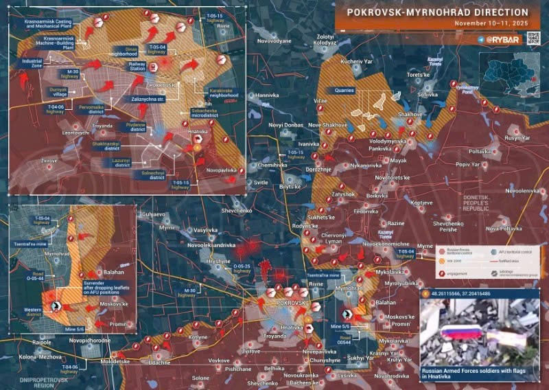 Bản đồ chiến sự Ukraine ngày 11/11/2025, hướng Pokrovsk-Myrnohrad. (Ảnh: Rybar) ban-do-chien-su-2.jpg