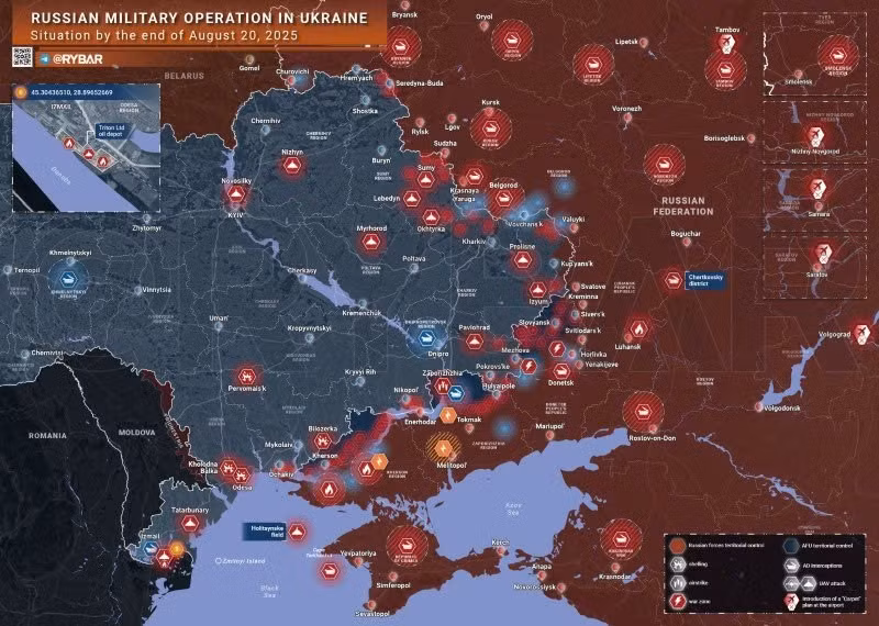 Bản đồ chiến sự Ukraine ngày 20/8/2025. (Ảnh: Rybar) ban-do-chien-su-1.jpg