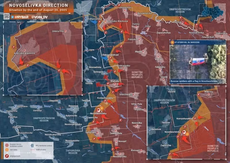 Bản đồ chiến sự Ukraine ngày 20/8/2025, hướng Novoselivka. (Ảnh: Rybar) ban-do-chien-su-3.jpg