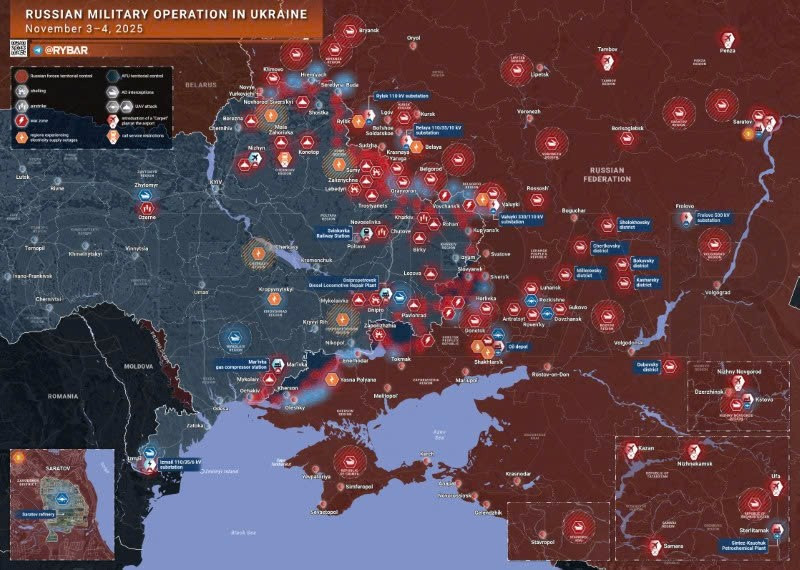 Bản đồ chiến sự Ukraine ngày 4/11/2025. (Ảnh: Rybar) ban-do-chien-luoc.jpg