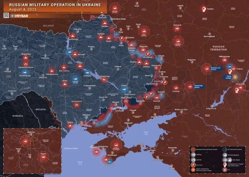 Bản đồ chiến sự Ukraine ngày 4/8/2025. (Ảnh: Rybar) ban-do-chien-su.jpg