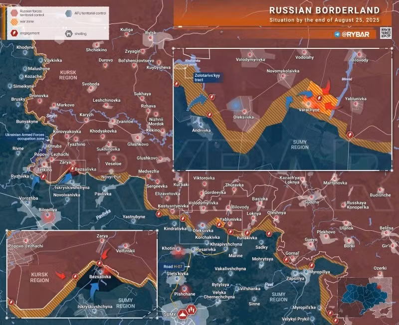 Bản đồ chiến sự Ukraine ngày 25/8/2025, khu vực biên giới Kursk. (Ảnh: Rybar) ban-do-chien-su-2.jpg