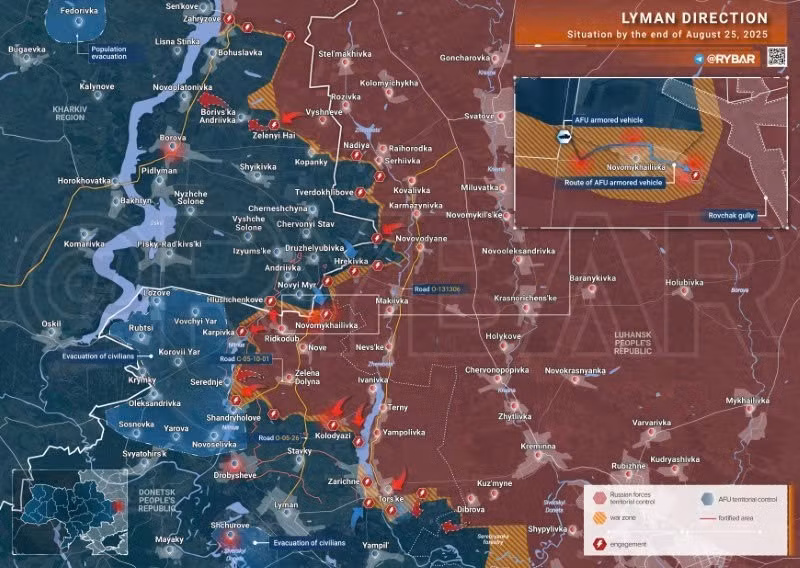 Bản đồ chiến sự Ukraine ngày 25/8/2025, hướng Lyman. (Ảnh: Rybar) ban-do-chien-su-3.jpg