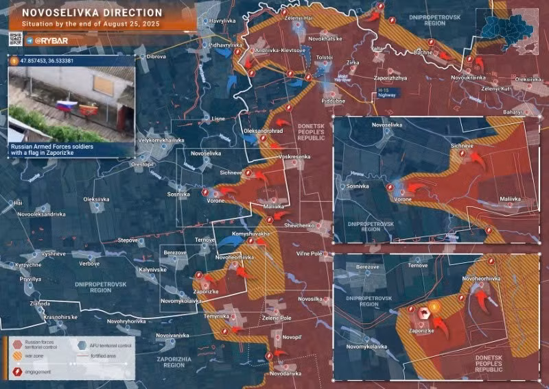 Bản đồ chiến sự Ukraine ngày 25/8/2025, hướng Novoselivka. (Ảnh: Rybar) ban-do-chien-su-4.jpg