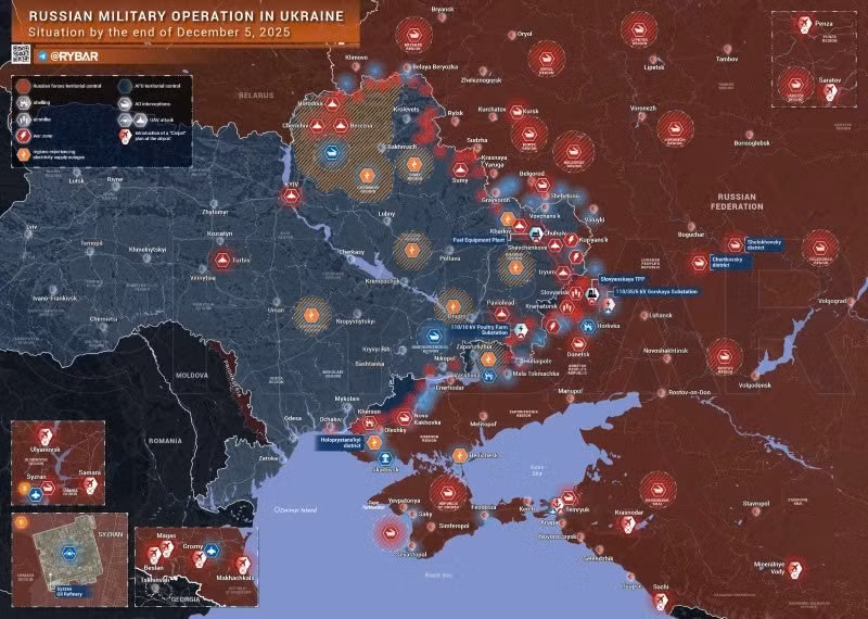 Bản đồ chiến sự Ukraine ngày 05/12/2025. (Ảnh: Rybar) ban-do-chien-su-1.jpg