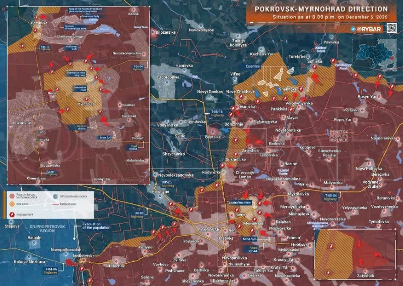 Bản đồ chiến sự Ukraine ngày 05/12/2025, hướng Pokrovsk-Myrnohrad. (Ảnh: Rybar) ban-do-chien-su-2.jpg