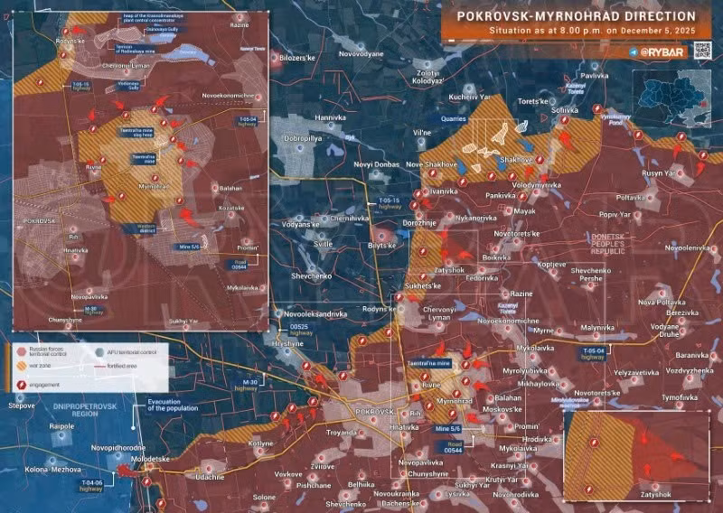 Bản đồ chiến sự Ukraine ngày 05/12/2025, hướng Pokrovsk-Myrnohrad. (Ảnh: Rybar) ban-do-chien-su-2.jpg