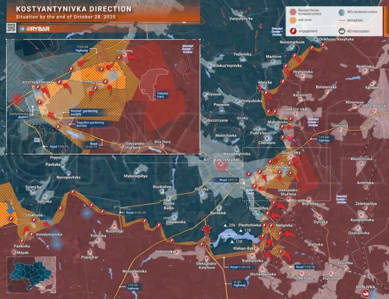Bản đồ chiến sự Ukraine ngày 28/10/2025, hướng Kostyantynivka. (Ảnh: Rybar) ban-do-chien-su3.jpg