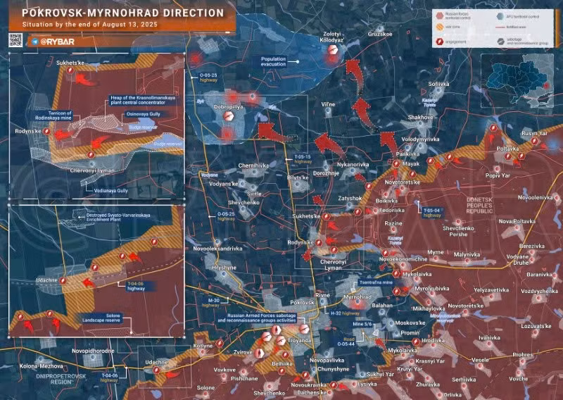 Bản đồ chiến sự Ukraine ngày 13/8/2025, hướng Pokrovsk-Mynohrad. (Ảnh: Rybar) ban-do-chien-su-2.jpg