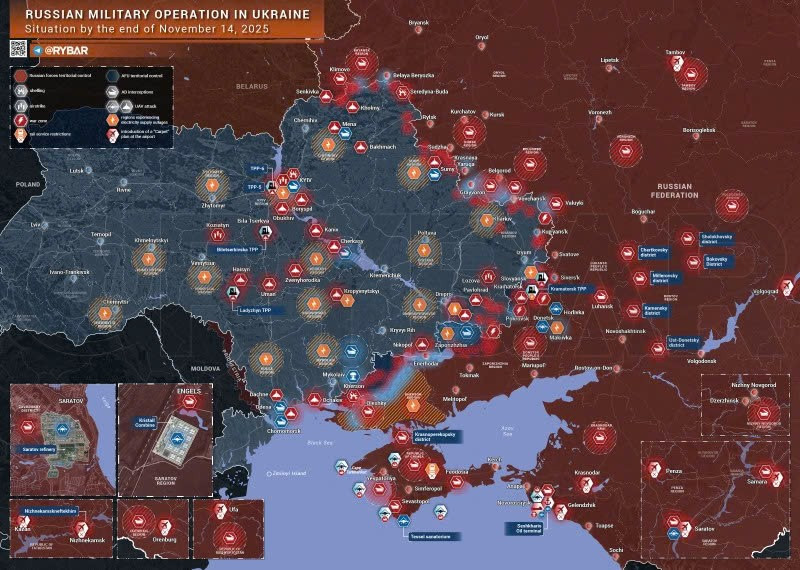 Bản đồ chiến sự Ukraine ngày 14/11/2025. (Ảnh: Rybar) ban-do-chien-su-1.jpg