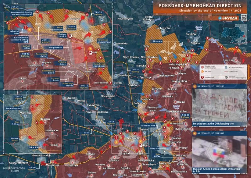 Bản đồ chiến sự Ukraine ngày 14/11/2025, hướng Pokrovsk-Myrnohrad. (Ảnh: Rybar) ban-do-chien-su-2.jpg