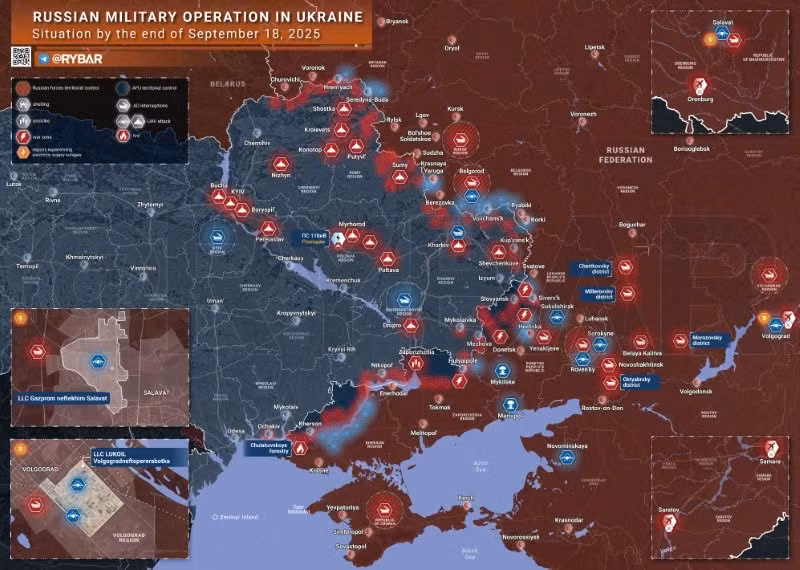 Bản đồ chiến sự Ukraine ngày 18/9/2025. (Ảnh: Rybar) z7026837597046-38a57782e30ba226c3ac834f77b094fb.jpg